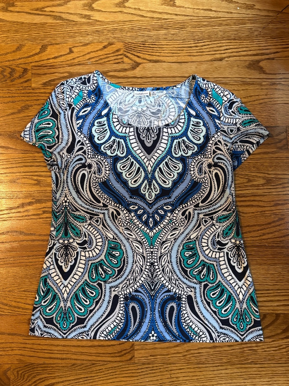 Croft & Barrow Paisley Medallion Stretch Knit Top Blue Teal Size Medium